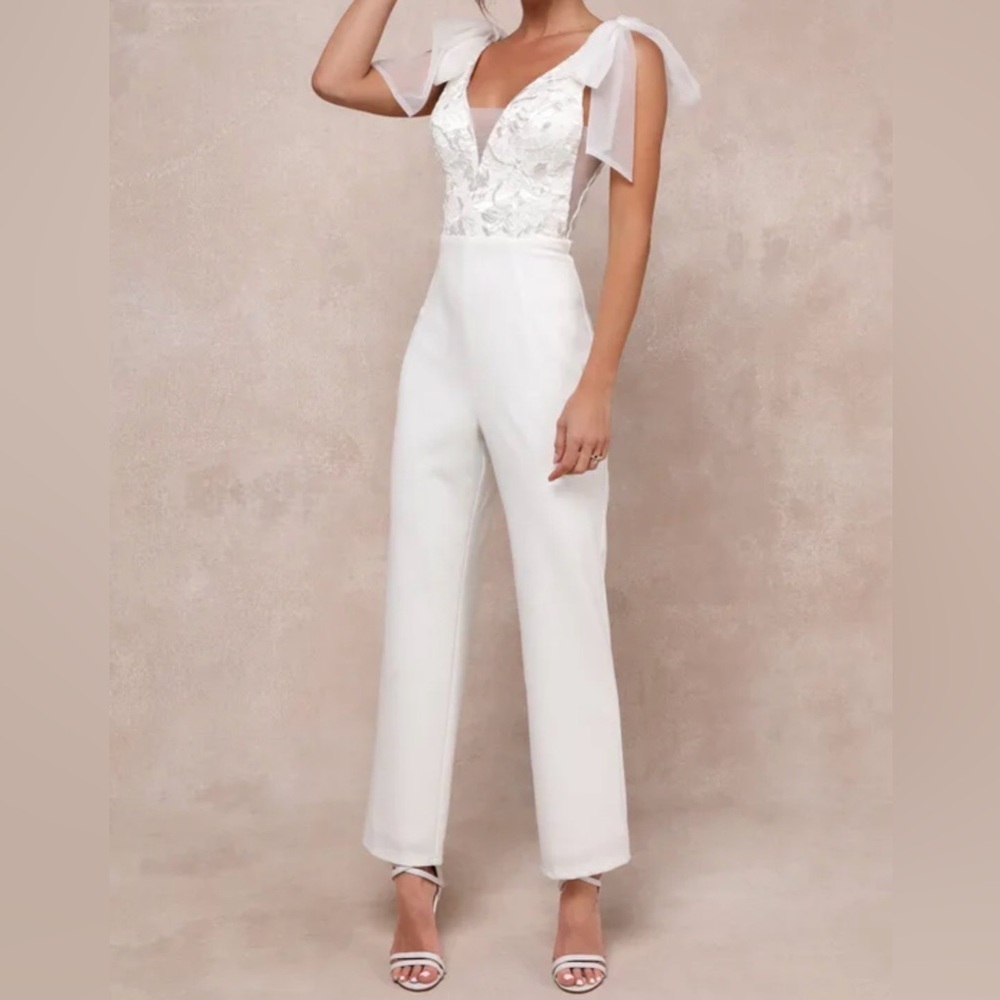 Dignified Beauty White Mesh Embroidered Tie-Strap Jumpsuit